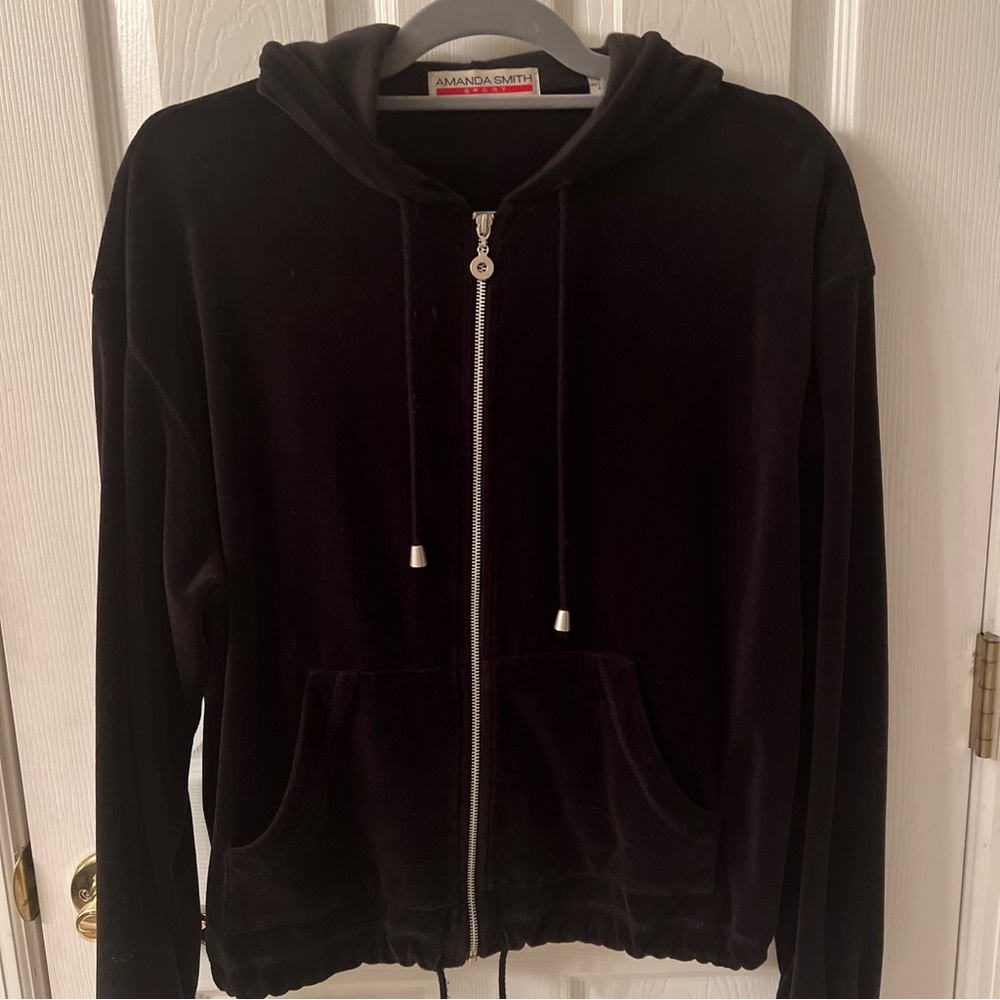 Amanda Smith SPORT Sz M Black Velour Full Zip Long Sleeves Jacket w hoodie